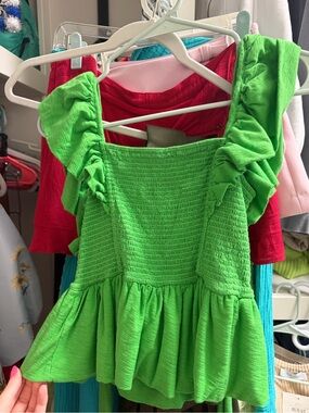 Smocked Ruffle-Strap Green Top
